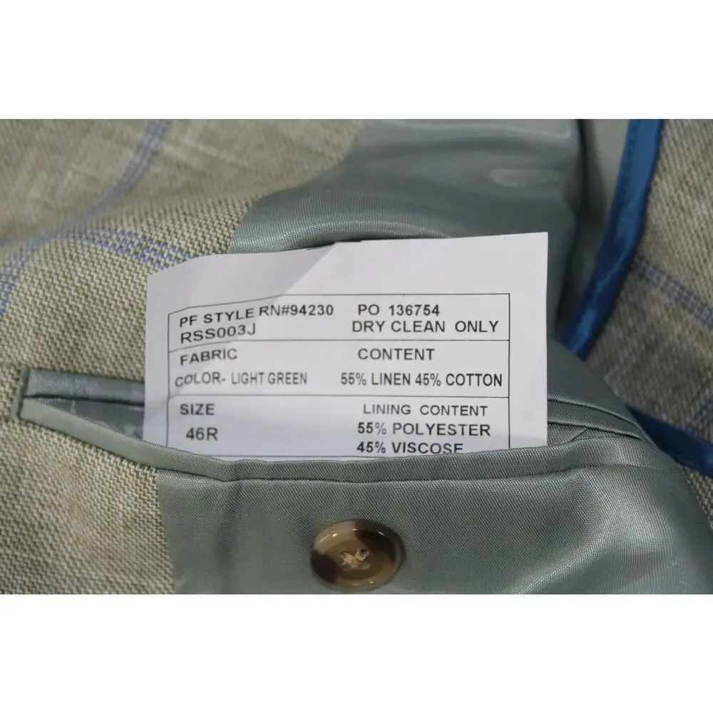 Paul Fredrick Sport Coat Linen Cotton Mens 46R Light Green Plaid Window Pane
